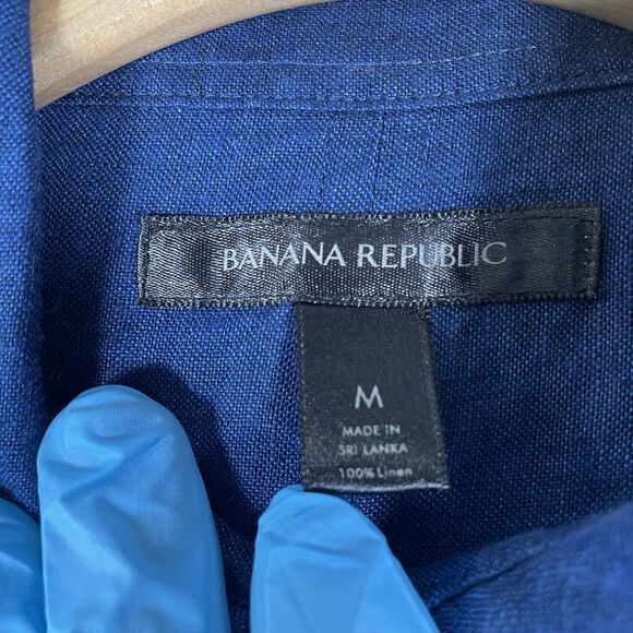 Banana Republic 100% Linen Shirt Men's Medium Navy Blue Long Sleeve Preppy - Picture 2 of 4